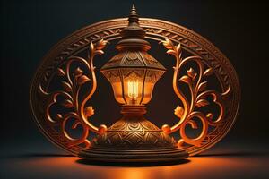 Lantern on a wooden table and a dark background. ai generative photo