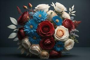 Beautiful bridal bouquet of different flowers on a dark background. ai generative photo