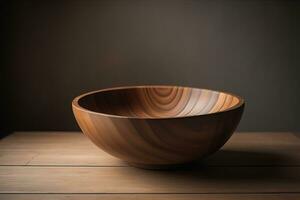 Empty wooden bowl on wooden background. Top view. Copy space. ai generative photo