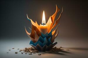 Burning aroma candle on wooden table against solid color background, copyspace. ai generative photo