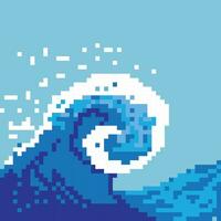 Square vector illustration with the ocean wave. Pixel art style