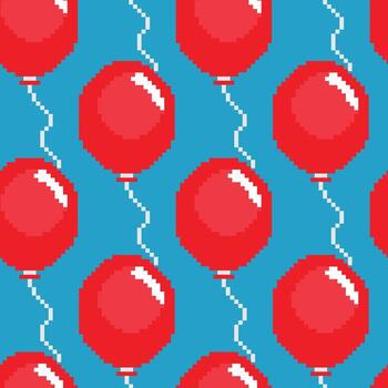 Vector seamless pattern with red balloons on blue background. Pixel art style