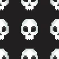 Vector seamless pattern with sculls on black in pixel art style