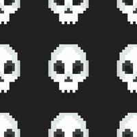 Vector seamless pattern with sculls on black in pixel art style