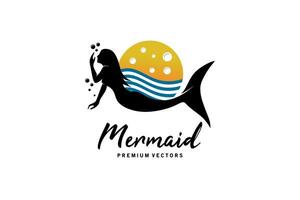 Mermaid logo design, beautiful fish woman silhouette against ocean background vector