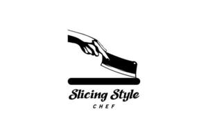 Chef kitchen knife logo design, vector symbol of hand slicing using knife
