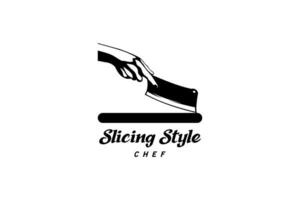 Chef kitchen knife logo design, vector symbol of hand slicing using knife