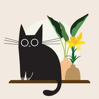 flat design vector cute black cat and flower with vase illustration