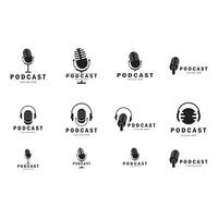 podcast logo with microphone and earphone audio, radio waves. for studio, talk show, chat, information sharing, interview, multimedia and web. vector