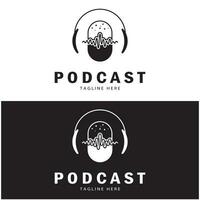 podcast logo with microphone and earphone audio, radio waves. for studio, talk show, chat, information sharing, interview, multimedia and web. vector