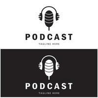 podcast logo with microphone and earphone audio, radio waves. for studio, talk show, chat, information sharing, interview, multimedia and web. vector