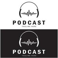 podcast logo with microphone and earphone audio, radio waves. for studio, talk show, chat, information sharing, interview, multimedia and web. vector