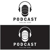 podcast logo with microphone and earphone audio, radio waves. for studio, talk show, chat, information sharing, interview, multimedia and web. vector