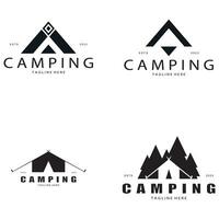 Clásico y retro tienda logo, cámping. con carpa, árbol y hoguera signo. aventureros, exploradores, escaladores, cámping equipo centrar vector