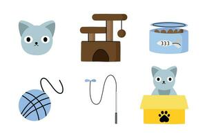 gatos cosas icono conjunto con accesorios para mascotas, plano estilo, aislado en blanco antecedentes. vector