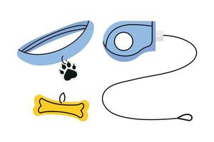 Pet Supplies and Walking Gear Collection buckle collar, lead and bone shaped identification tag. vector