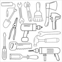 Various working Tools. Different instruments. Construction, Building, repair concept. Screwdriver, saw, brush, hammer, knife, scissors, wrench, etc. vector