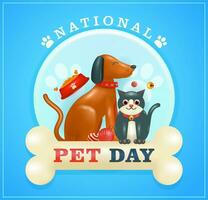 gato y perro mascotas, con comida y juguete elementos en 3d vector. adecuado para nacional mascota día y Tienda anuncios vector