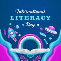 International Literacy Day. A 3d vector open book with elements of the universe, rainbow, rocket, stars, planets, ufo, books and lights. Suitable for education