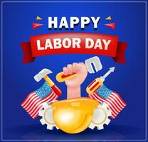 Happy Labor Day. 3d vector of a fist clenching a key coming out from inside a project helmet, with hammer, screwdriver, gears and American flag elements. Suitable for events