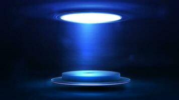 Blue floating in the air empty podium with circle ceiling lamp in dark and blue scene vector