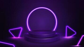 Empty purple podium with neon ring on background and neon purple triangles around. illustration with abstract scene with purple neon frame vector