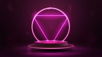 Empty pink podium floating in the air with pink neon ring and triangle on background. vector