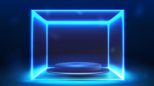 Blue neon cube in dark and blue scene with blue floating in the air empty podium inside vector