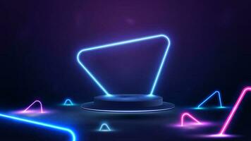 Dark scene with neon blue and pink triangles around vector