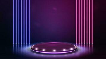 Empty round violet podium for product presentation with spotlights and laser line neon wall on background, 3d realistic vector illustration.