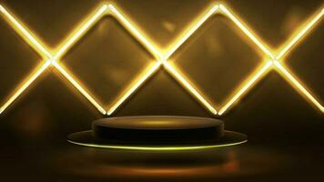 Gold empty podium floating in the air in dark scene with wall of line rhombus gold neon lamps vector