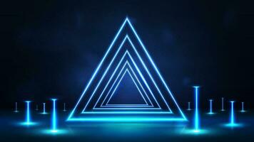 Neon triangles frames in dark room with line vertical blue neon lamps around vector