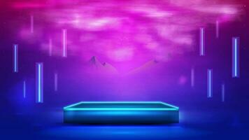 Square blue podium for product presentation with line flying lamps around and abstract landscape on background vector