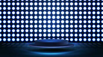 Empty blue podium floating in the air with wall of round lights in dark scene vector