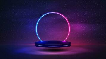 Empty podium with line gradient neon ring on background with night starry landscape vector