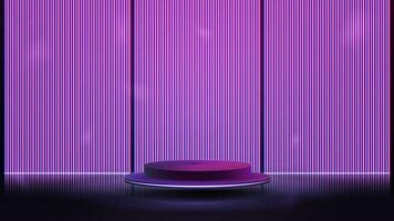 Empty purple podium floating in the air with line neon pink and blue wall on background vector