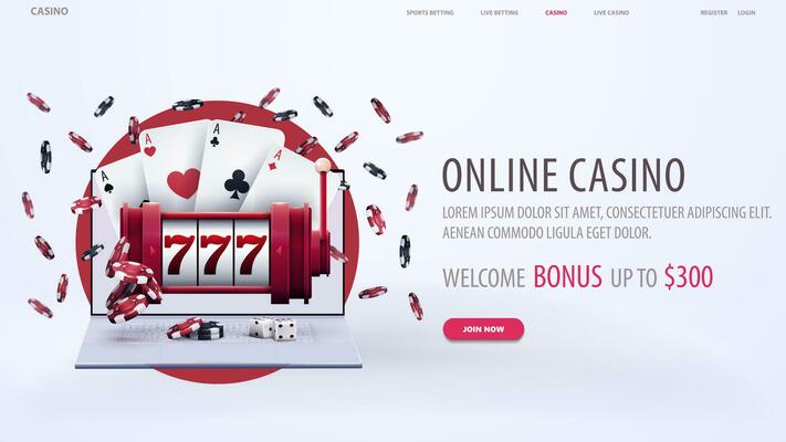 Online casino, white web banner with offer, laptop, slot machine, playing cards, dice and poker chips on background with red circle