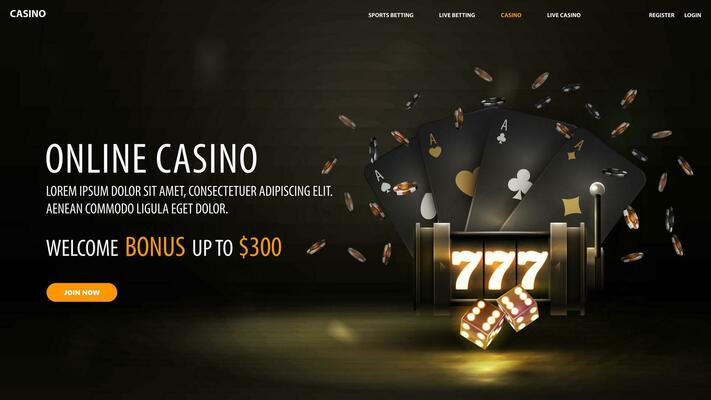 Online casino, welcome bonus, black banner with offer, neon slot machine, black playing cards, dice and poker chips on dark background