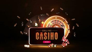 Online casino, dark banner with smartphone, neon roulette, cards and poker chips in black scene vector