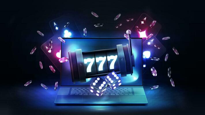 Laptop, slot machine, neon playing cards, dice and poker chips on dark background