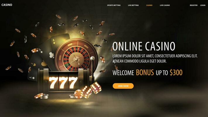 Online casino, welcome bonus, black banner with offer, neon slot machine, black playing cards, Roulette, dice and poker chips in fog on dark background
