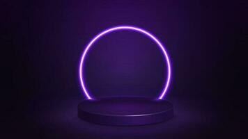 Empty purple podium with line neon ring on background. 3d render. illustration with abstract scene with purple neon frame vector