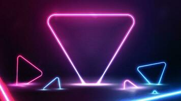 Neon pink frame on dark scene with neon blue and pink triangles around vector