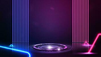 Purple scene with line neon lamps on background, pink digital podium with hologram of digital rings in scene with neon blue and pink triangles around vector