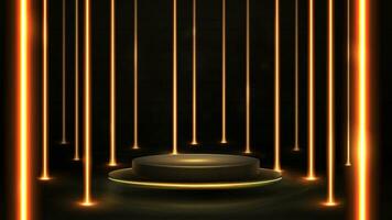 Gold empty podium floating in the air in dark scene with wall of line vertical gold neon lamps around vector