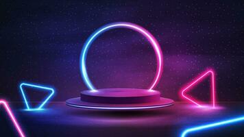 Empty podium with line gradient neon ring on background. illustration with podium on background with night landscape vector