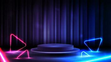 Empty podium with curtain on background and neon blue and pink triangles around. vector