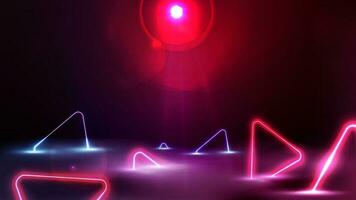 Empty red scene with neon blue and pink triangles around in fog vector