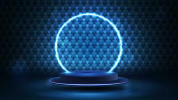 Empty blue podium floating in the air with blue neon ring and volumetric honeycomb on background. Blue digital scene for product presentation vector