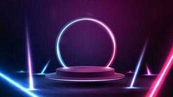 Podium floating in the air with line gradient neon ring on background and neon line rays around vector